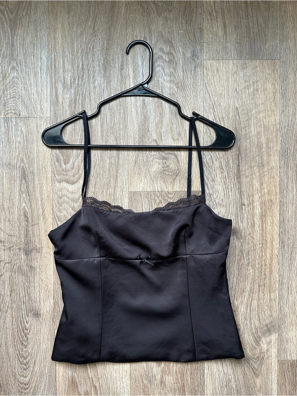 Zara Black Satin Lace Trim Camisole‎ Top Size L Bow Detail Coquette